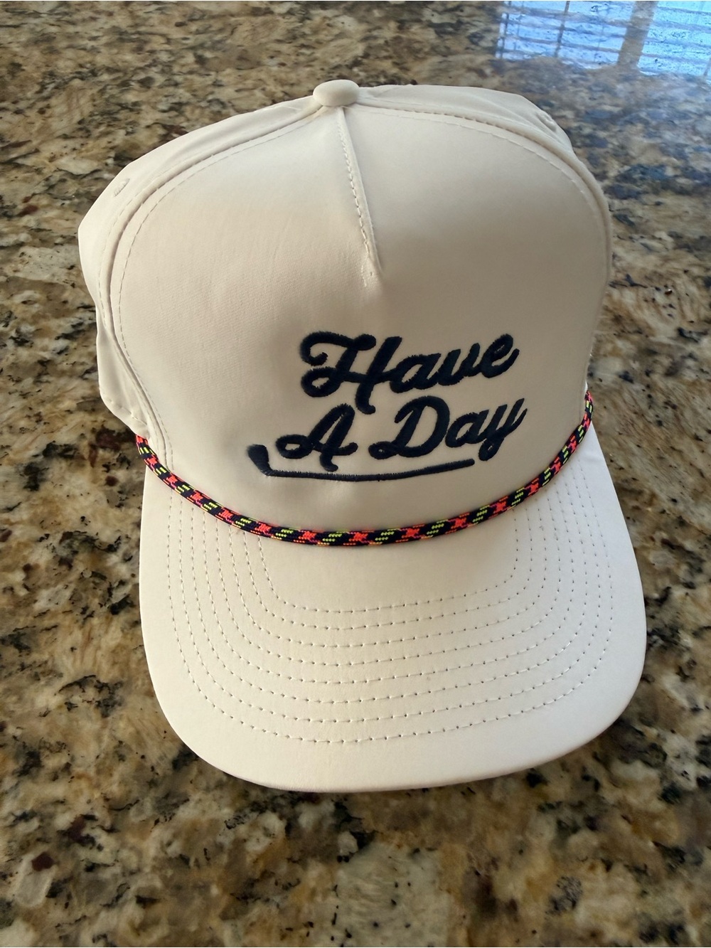Have A Day White Trucker Hat with Navy Embroidered Slogan